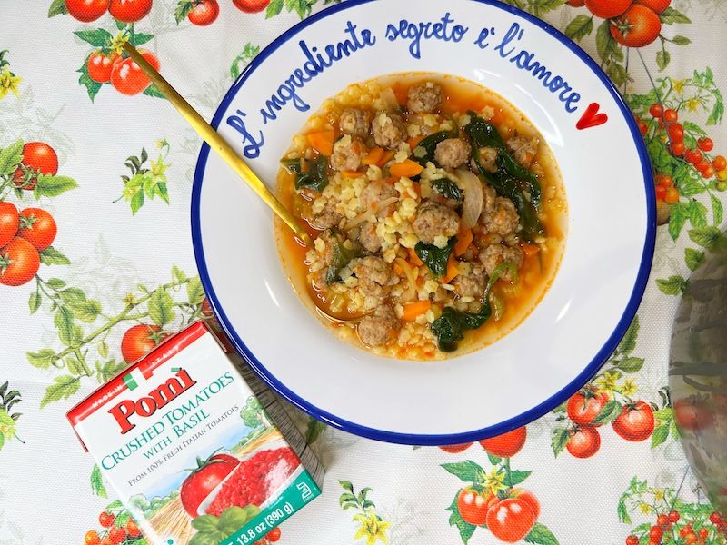 Pastina & Tomato Soup with Baby Meatballs and Spinach