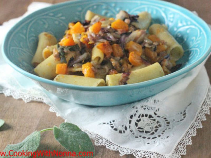 Rigatoni with roasted butternut squash, pancetta and radicchio